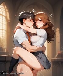 absurd_res ai_generated black_socks brown_hair brown_loafers carrying carrying_partner female harry_potter hermione_granger hi_res highres hogwarts knee_socks kneehighs kneesocks loafers ozziru patreon school_uniform schoolgirl self_upload sex shoes socks socks_and_shoes tight_clothing uncensored upright_straddle witch witch_(harry_potter)