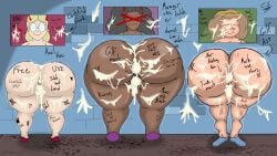 3girls after_sex after_use alley alleyway big_ass crimsonstudios1 cum cum_in_ass cum_in_pussy cum_on_wall dark-skinned_female fat_ass female filled_to_the_brim full_of_cum gilf gwendelin_(crimsonstuidos1) human human_female iris_(crimsonstudios1) mature_female mature_woman ocs olivia_(crimsonstudios1) stuck_in_wall thick_thighs used_like_a_toy writing_on_body writing_on_butt