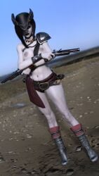 1girls 3d abs aurora9285 black_hair black_lipstick breasts female grey_skin gun nipple_piercing nipples original_character pale-skinned_female pale_skin piercings solo
