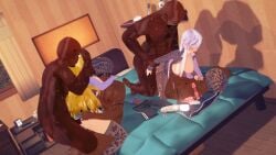 100_kanojo 2girls 3d 4boys arm_grab bed bedroom big_breasts blonde_female blonde_hair clothed cowgirl_double_penetration cowgirl_position crossed_legs cum_in_onahole dark-skinned_male dark_skin dildo double_penetration dual_double_penetration eiai_nano female gangbang grey_hair headlock interracial interracial_sex kimi_no_koto_ga_dai_dai_dai_dai_daisuki_na_100-nin_no_kanojo koikatsu light-skinned_female light_skin looking_at_viewer male onahole pantyhose penis sex_toy sitting sitting_on_bed stockings tagme tattoo tattooed_arm the_100_girlfriends_who_really_really_really_really_really_love_you utsukushisugi_mimimi