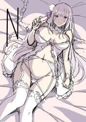 1girls 2020s 2022 absurd_res areola_slip bare_shoulders bed_sheet bedroom_eyes blush breasts cleft_of_venus elf emilia_(re:zero) feet_out_of_frame female flower frills garter_belt garter_straps grey_hair hair_flower hair_ornament hair_ribbon hairclip head_on_pillow hi_res large_breasts light-skinned_female light_skin lingerie long_hair looking_at_viewer lying minato_yoshihiro navel nipples on_back panties pillow pointy_ears purple_eyes purple_ribbon re:zero_kara_hajimeru_isekai_seikatsu ribbon rose sketch smile solo stomach teenage_girl teenage_tits teenager thick_thighs thighhighs thighs underwear very_long_hair voluptuous voluptuous_female voluptuous_teen white_panties wide_hips young