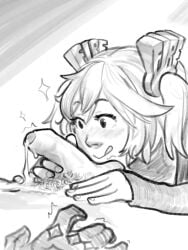 1boy after_sex blush burnice_white calamari_cakes cum cum_on_body cum_on_stomach cum_string female foreskin gloves greyscale hair_ornament licking_lips lighter_(zenless_zone_zero) looking_at_penis male monochrome penis pubic_hair short_twintails simple_background tongue tongue_out twintails uncircumcised uncut zenless_zone_zero