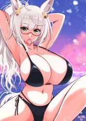 1girls big_breasts bikini biwa_hayahide_(umamusume) breasts cleavage female glasses horse_ears horse_girl large_breasts solo solo_focus thick_thighs umamusume umamusume_pretty_derby white_hair wide_hips yellow_eyes