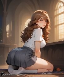 absurd_res ai_generated anklehighs ass ass_focus blush brown_eyes brown_hair crew_socks female harry_potter hermione_granger hi_res highres hogwarts ozziru patreon school_uniform schoolgirl self_upload socks uncensored white_socks witch witch_(harry_potter)