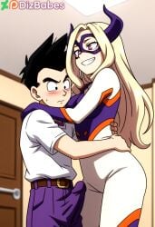 ai_generated boner boner_in_pants crossover dizbabes dragon_ball dragon_ball_gt dragon_ball_super erection erection_under_clothes grin hug mount_lady my_hero_academia son_goten yuu_takeyama