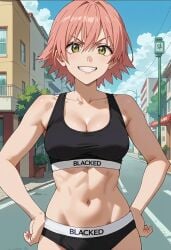 1girls ai_generated blacked blacked_clothing breasts civitai cleavage facing_viewer female flcl hands_on_hips haruko_haruhara looking_at_viewer medium_breasts outdoors panties pink_hair short_hair smirk solo sports_bra street yellow_eyes