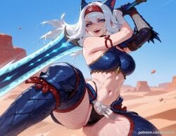 ai_generated animal_ears armor ashe_(league_of_legends) balecxi bandaged_arm black_panties blue_eyes female fishnet_pantyhose fishnets hairband holding holding_sword holding_weapon large_breasts league_of_legends long_hair looking_at_viewer monster_hunter_(character) navel open_mouth pantyhose patreon_username smile solo sword thighs underwear weapon white_hair