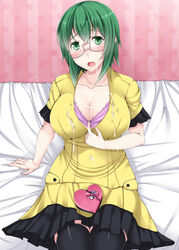 blush bra breasts cleavage clothes cum cum_on_body cum_on_clothes cum_on_upper_body dress female gift glasses green_eyes green_hair human infinite_stratos kaeru_no_ashi large_breasts lingerie on_bed short_hair sitting underwear valentine yamada_maya_(infinite_stratos)