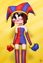 1girls akim_j arlecchino circus clown clown_girl dress female gloves mini_dress no_penetration pomni pomni_(tadc) pomni_(the_amazing_digital_circus) stockings the_amazing_digital_circus