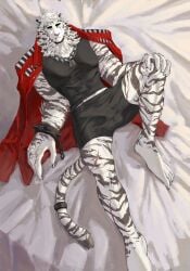 5_fingers absurd_res accessory anthro arknights balls_outline black_clothing black_shirt black_tank_top black_topwear bulge claws clothing colored detailed_bulge facial_scar feet felid fingers furgonomics genital_outline hi_res high-angle_view hujusheng13 humanoid_feet humanoid_hands hypergryph jewelry male mammal mountain_(arknights) pantherine penis_outline plantigrade ring scar shirt solo studio_montagne tail tail_accessory tail_jewelry tail_ring tank_top tiger topwear