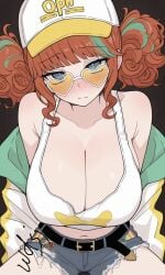 1girls ai_generated baseball_cap belt big_breasts breasts cap cleavage clothed crop_top female glasses heart-shaped_eyewear identity_v jacket lily_barriere looking_at_viewer orange_hair shorts twin_buns wdsj