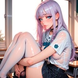 1boy 1femboy ai_generated bangs big_penis blue_eyes blush bulge bulge_through_clothing cock dick eyelashes eyeliner femboy feminine high_school high_school_student hips ilya_(stblfantasy) lavander_hair leg_hug legs light_skin long_hair makeup nipples original patreon penis petite petite_body petite_boy pink_lipstick redesign school_uniform see-through sexually_suggestive shy sitting sitting_on_table skinny small small_breasts stable_diffusion stblfantasy student submissive submissive_femboy sweat sweatdrop sweating thighhighs wet