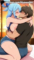 1boy 1girls 2025 ai_assisted ai_generated anime aqua_(konosuba) artist_name big_breasts big_chest blue_hair blush breasts breasts_out brown_hair bust busty chest closed_eyes clothes_lift denim erect_nipples exposed_nipples female french_kiss hair_ornament hard_nipples hi_res high_quality high_resolution highres hug hugging hugging_partner kissing kono_subarashii_sekai_ni_shukufuku_wo! konosuba large_breasts long_hair male nipple nipples nipples_outside patreon patreon_username shirt_lift shorts sitting skypassion stable_diffusion straight sweat uncensored_nipples watermark