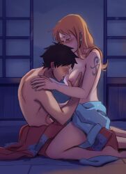 black_hair blush breasts clothing color couple cute female female/male japanese_clothes japanese_clothing licking licking_breast licking_nipples love_eyes male male/female monkey_d_luffy mouth_on_breast nami nami_(one_piece) one_piece orange_hair post-timeskip removing_clothing straddling tattoo thighs topless topless_female topless_male wano_country zantinaa