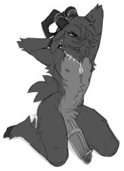 anthro avernus_(groatydeer) balls foreskin furry groatydeer horns jewelry kippy male male_only monochrome on_knees penis presenting solo tagme tail thick_thighs uncircumcised uncut wide_hips