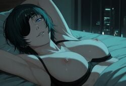 ai_generated areola areolae armpits arms arms_above_head arms_up bed bedroom black_hair black_hair_female blue_eyes bra breasts breasts_out chainsaw_man city cityscape dark_hair eyepatch female female_focus female_only himeno_(chainsaw_man) laying_down laying_on_back laying_on_bed looking_at_viewer naked naked_female nipples nordinex5 nude nude_female perfect_body seductive seductive_gaze seductive_look seductive_pose solo solo_female solo_focus stable_diffusion tits_out toned_body toned_female