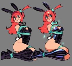 1girls blush bondage breasts bunny_ears bunny_tail bunnysuit embarrassed female green_eyes heels kaatokunart long_hair lyra_(kaatokunart) oc orange_hair ponytail red_hair smile star thighs