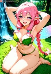 1girls absurd_res ai_generated arms_behind_head braid braided_hair excited eyeshadow fairy fairy_wings feet female half-closed_eyes happy knees_together_feet_apart leaf_clothing multicolored_eyes open_mouth original original_character pink_hair pointy_ears purple_eyes sitting smile the_pleasure_glade thick_eyelashes thick_thighs toes wariza wings