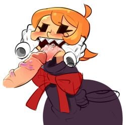 1boy 1girls blowjob blush blushing clothing cum cum_in_mouth disembodied_hand female highres human male male/female minus8 no_eyes open_mouth oral orange_hair peacock_(skullgirls) penis sex sharp_teeth skullgirls straight tagme tongue tongue_out veiny_penis
