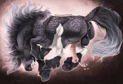 abstract_background animal_genitalia animal_penis anus ass balls black_body black_fur blue_eyes bodily_fluids cum draft_horse equid equine equine_genitalia equine_penis erection feral fur genital_fluids genitals hooves horse male mammal mane markings medial_ring open_mouth penis quadruped shaded signature snout solo spots spotted_body spotted_fur tail tarogar teeth unguligrade venlightchaser white_body white_fur