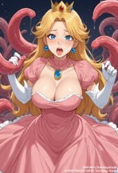 ai_generated bangs blonde_hair blue_eyes blush breasts brooch cleavage clothing crown dress earrings elbow_gloves female female female_only frilled_dress gem gloves headwear heart heart-shaped_pupils jewelry jousneystudio large_breasts light-skinned_female lips long_hair looking_at_viewer makeup mario_(series) nintendo open_mouth pink_dress pink_lips princess princess_peach puffy_short_sleeves puffy_sleeves saliva short_sleeves solo solo_focus super_mario_bros. sweat symbol-shaped_pupils teeth tentacle tiara tongue white_gloves