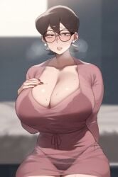 1girls ai_generated belly_button big_breasts black_hair breasts breasts_bigger_than_head doraemon embarrassed_female female foe_(artist) glasses grabbing_own_breast highres hips hourglass_figure huge_breasts lingerie looking_at_viewer male_pov mature_female sweat tamako_nobi visible_underwear voluptuous_female wide_hips