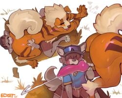 2025 anal animal_genitalia animal_penis anthro anthro_on_feral arcanine ass balls big_butt bodily_fluids canid canine canine_genitalia canine_penis clothing cum cumshot duo edjit ejaculation feral generation_1_pokemon genital_fluids genitals knot knot_grab licking licking_lips male male/male mammal nintendo oral penis pokemon pokemon_(species) rimming sex simple_background sweat tongue tongue_out zoophilia