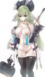 5_enki arknights female female female_only functionally_nude_female hammer jacket nipple_piercing nude piercings poncirus_(arknights) thighhighs weapon