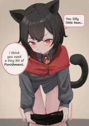 1girl 1girls animal_ears black_hair black_hair_female brunette_female brunette_hair brunette_hair_female cat_ears cat_girl cat_tail clothed clothed_female daebom female kemono kemonomimi looking_at_viewer medium_breasts nekomimi puma_(daebom) red_eyes red_eyes_female removing_clothing short_hair short_hair_female shorts shorts_down sole_female speech_bubble undressing war_thunder