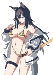 animal_ears arknights bikini black_hair breasts brown_eyes closed_mouth female gold_bikini groin highleg highleg_bikini highres holding holding_sword holding_weapon jacket large_breasts long_hair long_sleeves looking_at_viewer navel pouch simple_background solo standing stomach swimsuit sword tail texas_(arknights) thigh_pouch thigh_strap thighs weapon white_background white_jacket wolf_ears wolf_tail yu-ves