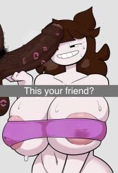 1girls areola_slip brown_hair cock dark-skinned_male dark_penis dark_skin english_text female huge_cock huge_penis human human_female interracial jaiden jaiden_animations light-skinned_female light_skin male male/female penis