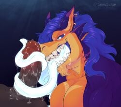 absurd_res animal_genitalia anthro balls big_pecs canid canine canis deity digital_drawing_(artwork) digital_media_(artwork) duo erection fellatio fish fur genitals hair hi_res humanoid_genitalia humanoid_penis hybrid hyper hyper_genitalia long_tongue male mammal marine multicolored_body multicolored_fur muscular muscular_male mythological_creature mythology oral pecs penile penis scalie sex shark sheath smolsusie solo_focus soules soules_(character) tongue transformation wolf