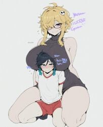 1boy age_difference ai_assisted bangs bare_shoulders black_hair blonde_hair blue_eyes blue_hair blush braid breast_rest breasts breasts_on_head bulge closed_mouth english_text erection erection_under_clothes female female_on_femboy femboy femdom flying_sweatdrops glasses gradient_hair green_eyes grey_background hair_ornament hair_over_one_eye height_difference huge_breasts large_breasts looking_at_viewer meme_attire multicolored_hair otoko_no_ko purple_eyes red_shorts seiza shirt short_hair_with_long_locks short_sleeves shorts sidelocks simple_background sitting skull_hair_ornament sleeveless sleeveless_sweater smile socks sondu straight sweat sweater thick_thighs thighs turtleneck turtleneck_sweater twin_braids venti_(genshin_impact) white_shirt