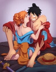 back back_view barefoot before_sex black_hair clothing color female female/male hair_tied japanese_clothes japanese_clothing male male/female monkey_d_luffy nami nami_(one_piece) one_piece orange_hair post-timeskip removing_clothing scar sideboob sword thighs toothpick wano_country zantinaa