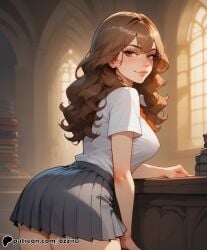 absurd_res ai_generated ass ass_focus brown_hair female harry_potter hermione_granger hi_res highres hogwarts ozziru patreon school_uniform schoolgirl self_upload uncensored witch witch_(harry_potter)