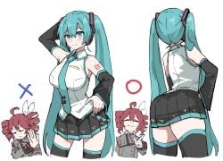 2girls absurdres ahoge arm_behind_head arm_tattoo bare_shoulders black_skirt black_sleeves black_thighhighs blue_eyes blue_hair breasts closed_eyes closed_mouth detached_sleeves drill_hair female from_behind grey_jacket hair_between_eyes hand_on_own_hip hatsune_miku highres jacket kasane_teto large_breasts long_hair multiple_girls number_tattoo red_hair shirt sidelocks skirt smile tattoo tenten_(chan4545) thighhighs twin_drills twintails utau vocaloid white_shirt wide_hips