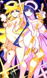 2girls angel angel_girl artist_name bikini blonde_hair blue_eyes blue_hair bracelet bracelets breasts colored_inner_hair duo earrings female female_only gold_bikini golden_bikini golden_week gun holding_gun holding_object holding_sword holding_weapon hoop_earrings hoop_earrings_oversized jewelry krokobyaka large_breasts light-skinned_female light_skin long_hair multicolored_hair panty_&_stocking_with_garterbelt panty_anarchy pink_hair skimpy_bikini smile stocking_anarchy sword tagme thighhighs