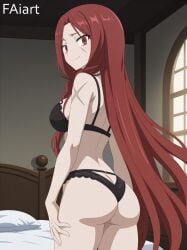 ai_generated ass_focus faiart fairy_tail female flare_corona lingerie looking_at_viewer looking_back red_eyes red_hair standing