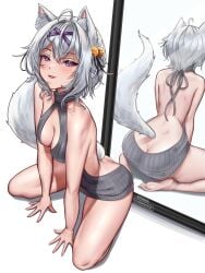 animal_ears ass backless_outfit bangs bare_back bare_shoulders barefoot blush breasts cat_ears cat_tail dress female filian_(vtuber) fox_ears hair_between_eyes hair_ornament halterneck looking_at_viewer medium_breasts meme_attire multiple_views purple_eyes ribbed_sweater short_hair sideboob silver_hair sitting sweater tagme tail turtleneck turtleneck_sweater virgin_killer_sweater wariza