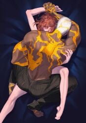 1boy barefoot bite_mark black_pants blood blush closed_eyes clothed_female_nude_male commentary_request dark-skinned_male dark_skin emiya_alter emiya_alter_(third_ascension)_(fate) fate/grand_order fate_(series) female fujimaru_ritsuka_(female) highres interracial male missionary muscular muscular_male nude pants red_hair sex shinkaifuyuki straight striped_clothes striped_pants sweat topless_male vertical-striped_clothes vertical-striped_pants white_hair