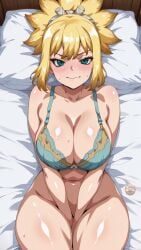 ai_generated baka_hentai bare_shoulders blue_bra blush bra breasts dr.stone female green_eyes high_quality high_resolution highres kohaku_(dr.stone) legs looking_up_at_viewer medium_breasts on_bed shiny_skin short_hair yellow_hair