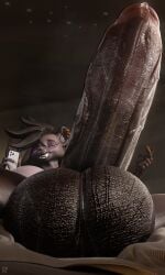 3:5 3d_(artwork) balls big_balls big_breasts big_penis black_body black_fur black_hair bodily_fluids breasts digital_media_(artwork) erection fur genesis_(doggod.va) genital_fluids genitals glistening glistening_balls glistening_genitalia glistening_penis gynomorph hair herm_(lore) hi_res huge_balls huge_breasts huge_cock hyena hyper hyper_genitalia hyper_penis intersex low-angle_view mammal nude penis precum purple_eyes selfie smug_face solo thick_penis vein veiny_penis vympel