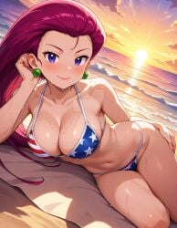 2025 4kids_entertainment ai_generated american_flag_bikini anime beach belly clouds deviantart drawing elryusam green_earrings jessie_(pokemon) looking_at_viewer meta nintendo not_porn orange_cheeks orange_lipstick pink_hair pokemon purple_eyes sky_background smile_at_viewer smiling_at_viewer sun sunlight sunlight_rays sunset team_rocket tummy wet_bikini wet_body wet_skin wetting_swimsuit
