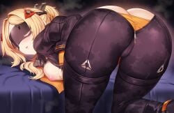 ass bangs black_blindfold black_jacket blindfold blonde_hair blush bondage bondage bound breasts eyepatch female hair_ornament jacket leotard long_hair medium_breasts nipples open_mouth solo tagme thighs