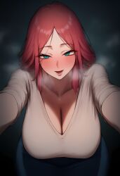 ai_generated bent_over big_breasts blue_eyes blush busty cleavage curvy dominant girlfriend hanging_breasts heavy_breathing horny huge_breasts kohai0 large_breasts mommy_milkers pov reaching_out red_hair scary steamy_breath wide_hips yandere