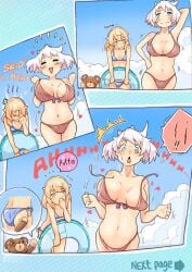 2girls age_difference androgynous bikini blonde_hair breasts bridget elphelt_valentine embarrassed female girly green_eyes guilty_gear heart no_nudity roger_(guilty_gear) sugag tagme teddy_bear teenager trans_woman transfem wardrobe_malfunction white_hair