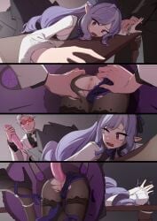1boy 1girls anal anal_juice anal_penetration anus ass bound bound_wrists clothed dildo dildo_in_ass female female_focus female_penetrated from_behind headwear hi_res highres light-skinned_female light_skin long_ears long_hair looking_pleasured male male/female male_penetrating male_penetrating_female mihoyo multiple_boys multiple_views penetration purple_hair pussy red_eyes restrained restrained_arms restraints ripped_clothing sex_toy shaved_pussy thighs uncensored vivian_(zenless_zone_zero) yamomo yamomono zenless_zone_zero