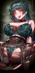 absurdres arms_behind_back astra_yao bare_shoulders black_hair black_pantyhose blush bondage bondage bound bra breasts brown_collar collar covered_navel cum cum_on_body earrings female green_bra green_panties hair_ornament hairband highres jewelry kuro_torie large_breasts leash long_hair looking_at_viewer open_mouth panties pantyhose red_eyes restrained smile spread_legs tongue tongue_out torn_clothes torn_pantyhose underwear white_hairband zenless_zone_zero