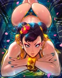 asian asian_female ass ass_up big_ass bikini capcom chun-li earrings eyelashes fat_ass female feminine flower_in_hair lipstick long_nails looking_at_viewer mature_female milf muscular muscular_female nail_polish petals pool reiq spiked_bracelet street_fighter thick_ass thick_lips thong