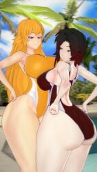 2girls ass black_hair black_hair_female blonde_female blonde_hair different_breast_sizes half_siblings jealous jealous_female jealous_look long_hair long_hair_female morepolygons11 one-piece_swimsuit purple_eyes red_highlights ruby_rose rwby silver_eyes sisters swimsuit yang_xiao_long